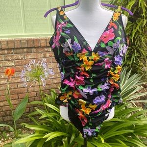 Lands End Floral Print on Black One Piece Swimsuit Size 12